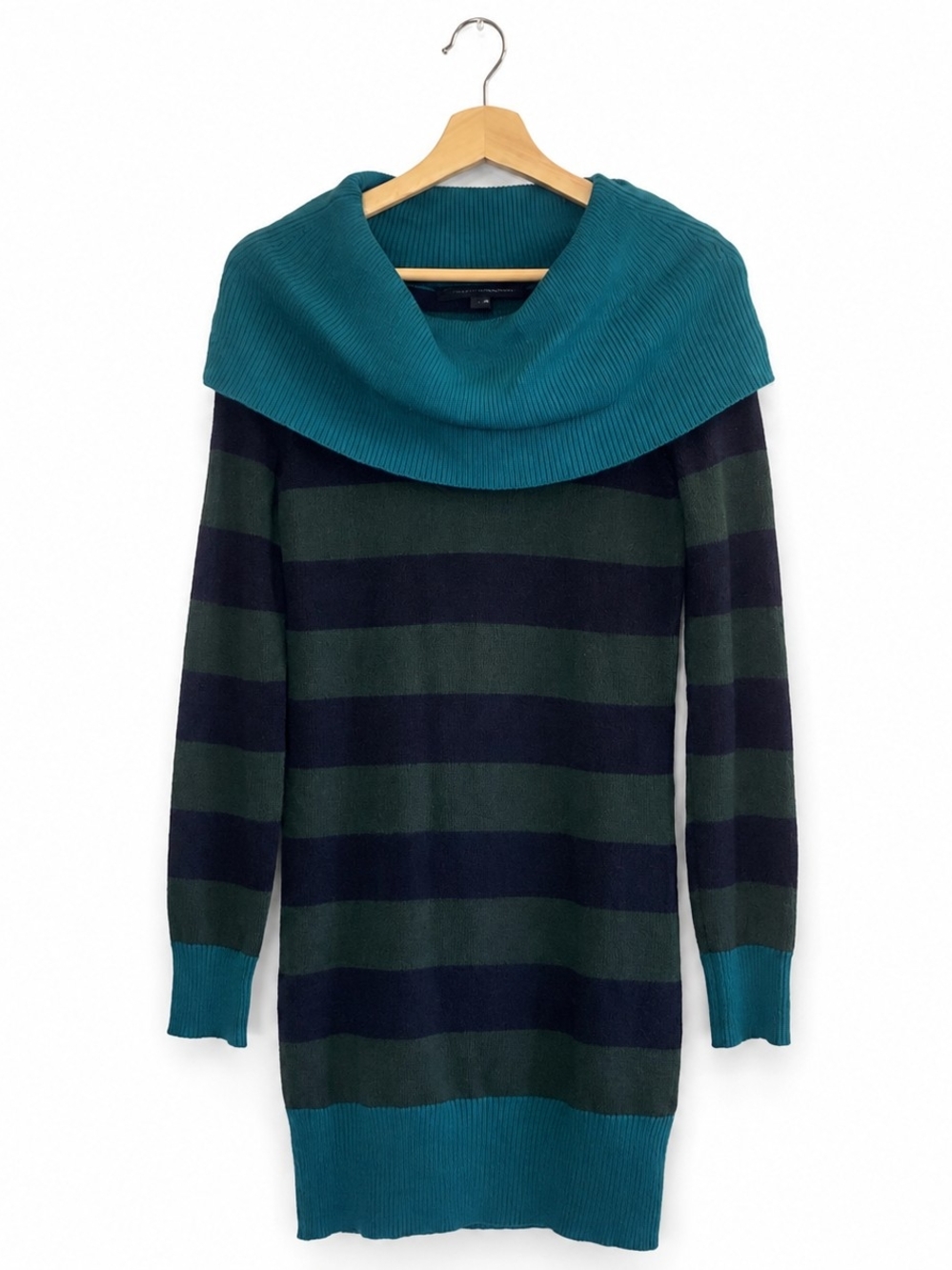 FRENCH Connection XS Teal/Black  Striped Cowl Neck Sweater Tunic Dress Fall Cozy